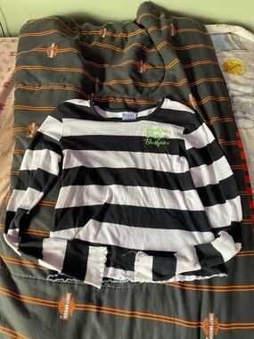Beetlejuice Women's Black & White Striped Long Sleeve Tee with Green Logo